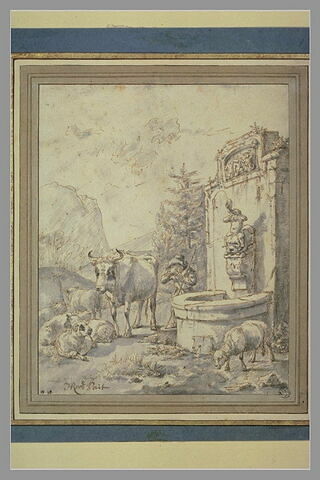 Jeune berger et son troupeau, à gauche d'une fontaine, image 2/3