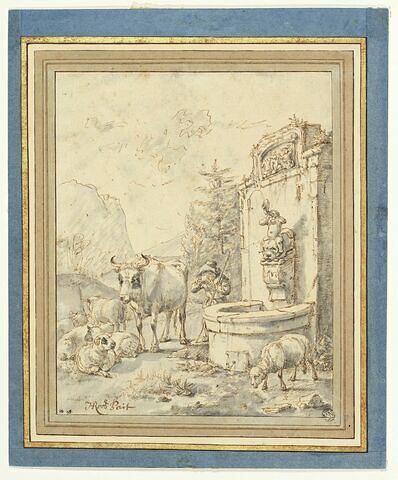 Jeune berger et son troupeau, à gauche d'une fontaine, image 3/3