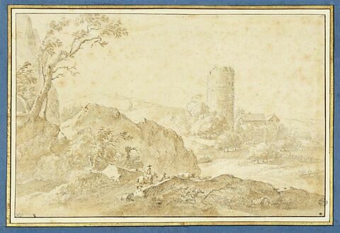 Paysage avec une tour ronde en ruines, deux hommes à cheval et du bétail