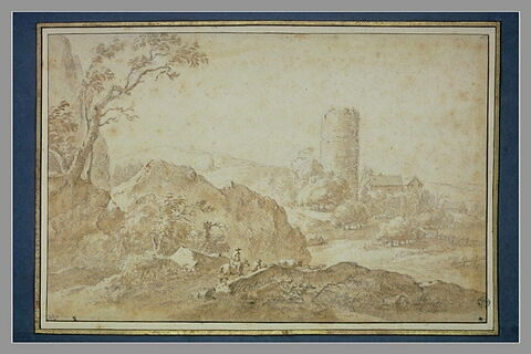 Paysage avec une tour ronde en ruines, deux hommes à cheval et du bétail, image 2/3