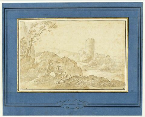 Paysage avec une tour ronde en ruines, deux hommes à cheval et du bétail, image 3/3