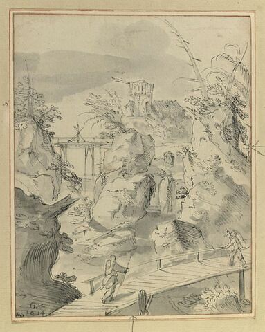 Paysage rocheux avec une rivière, une passerelle que traversent deux hommes