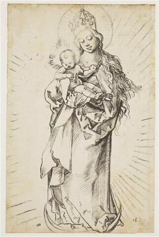 La Vierge couronnée, debout sur un croissant, portant l'Enfant Jésus