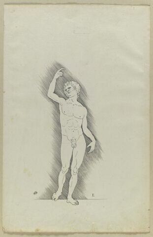 Académie d'homme debout, main droite au-dessus de la tête, image 1/2