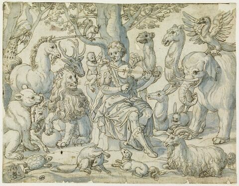 Orphée assis, jouant du violon, entouré d'animaux