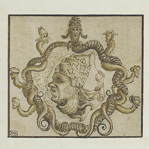 Motif d'ornement grotesque, avec tête de pape et tête de diable