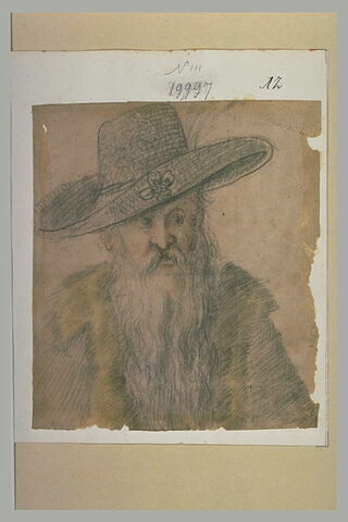Buste d'un homme à la longue barbe, portant un large chapeau et une fourrure