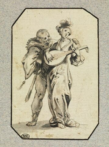 Un polichinelle et une femme jouant du luth