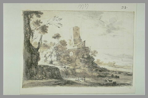 Paysage avec une maison et une tour, et trois figures au pied d'une cascade