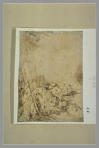 Paysage avec un chateau sur un rocher et un homme dessinant, image 1/1