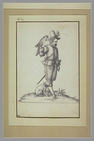 Valet de chasse ou piqueur, un faucon sur son poing droit, image 1/1