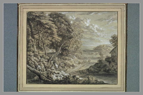 Paysage avec quatre hommes et un chien, des maisons, un lac et deux figures