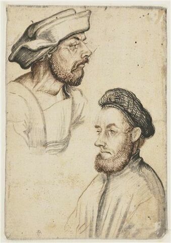 Deux têtes d'hommes barbus coiffés d'un chapeau de feutre et d'une toque