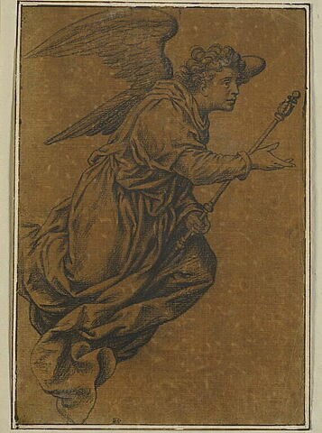 Figure d'ange drapé, volant, portant un sceptre