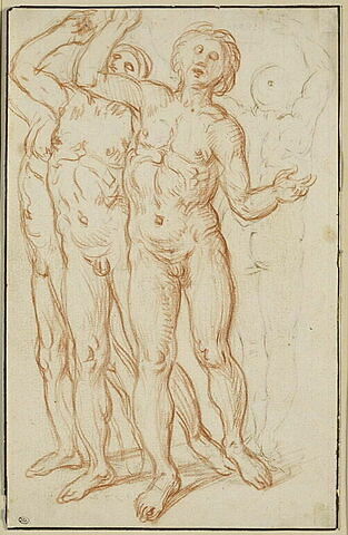 Groupe de trois hommes nus, levant les bras, de face, et un homme, de dos