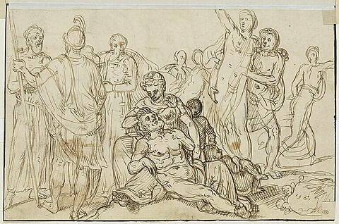 Un homme barbu assis à terre, une femme, deux enfants et huit figures, image 1/1