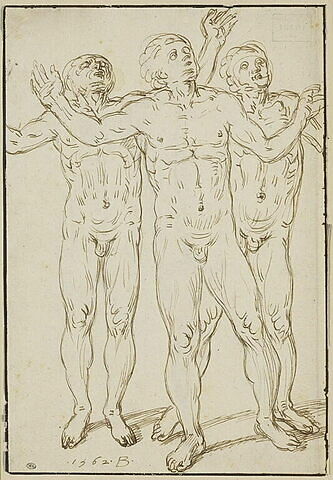 Groupe de trois hommes nus, de face, regardant en l'air, les bras levés