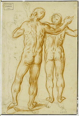 Deux hommes nus, vus de dos, levant les bras.