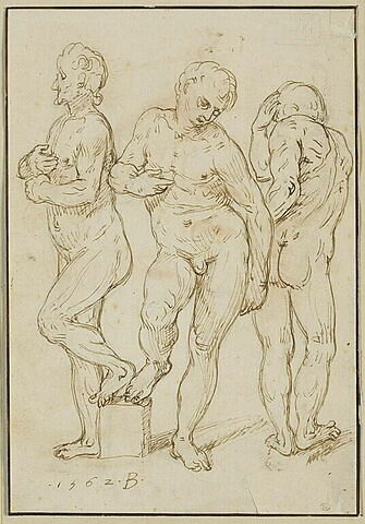 Groupe de trois hommes nus dans diverses positions