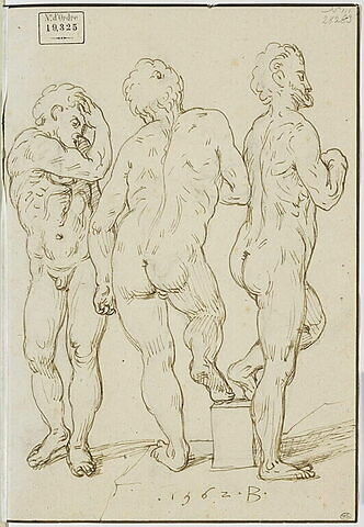 Groupe de trois hommes nus, dans diverses positions
