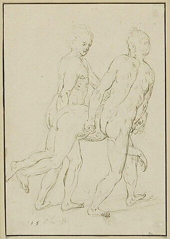 Deux hommes nus portant un corps allongé sur le ventre