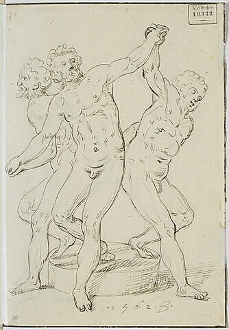Trois hommes nus, sur une meule, se tenant par les mains