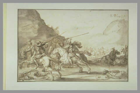 Tableau en bois en haut relief : cavaliers dans un paysage montagneux et  boisé - Louvre Collections