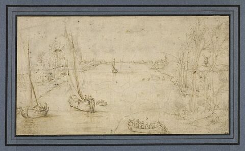 Barques sur une large rivière bordée d'arbres, de maisons et de figures