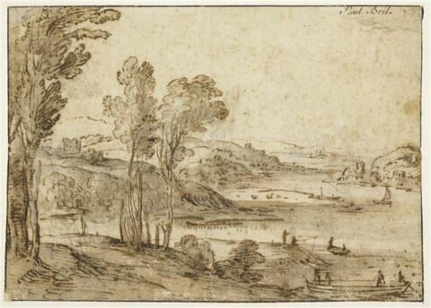 Paysage avec arbres et une rivière animée de figures, image 1/2