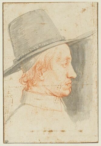 Portrait d'homme coiffé d'un haut chapeau, de profil à droite