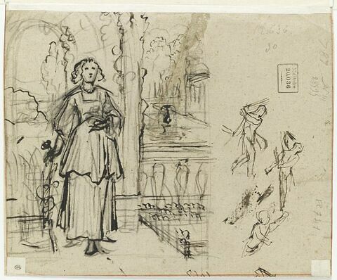Jeune femme devant un parc et trois croquis