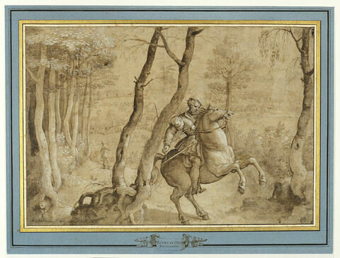 Cavalier sur un cheval qui se cabre, dans une région boisée, image 3/3