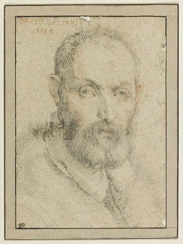 Tête d'homme, vue de face, portant moustache et barbe