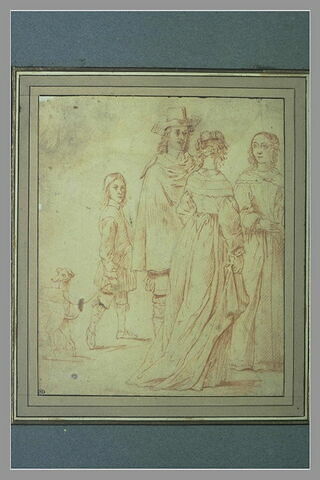 Seigneur et deux dames accompagnés d'un page tenant deux chiens, image 1/1
