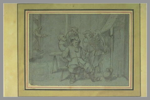 Cinq hommes discutant dans un cabaret de village, image 1/1