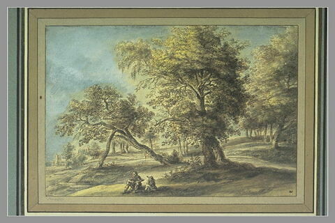 Paysage avec de grands arbres et deux figures