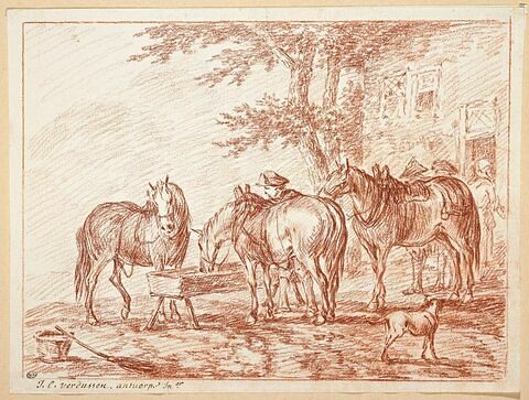Trois paysans laissant leur chevaux pour se rendre à l'auberge, image 1/2