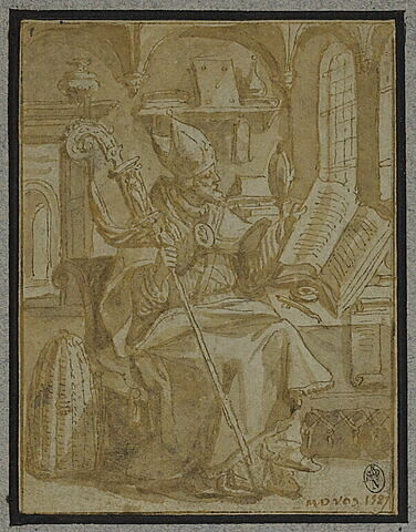 Saint Ambroise coiffé de la mitre, feuilletant un livre, image 2/2