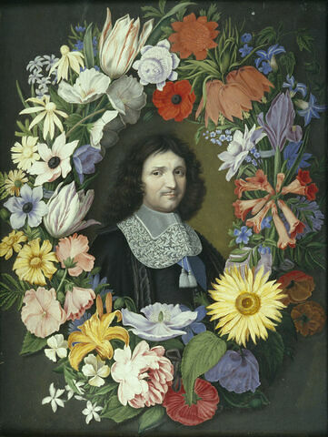Portrait de Colbert en buste, dans une guirlande de fleurs