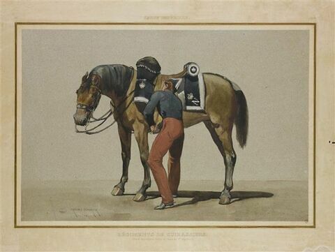 Cuirassiers ; cheval de troupe, soldat en tenue d'écurie