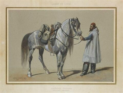 Chasseurs d'Afrique ; cheval de troupe et soldat en manteau