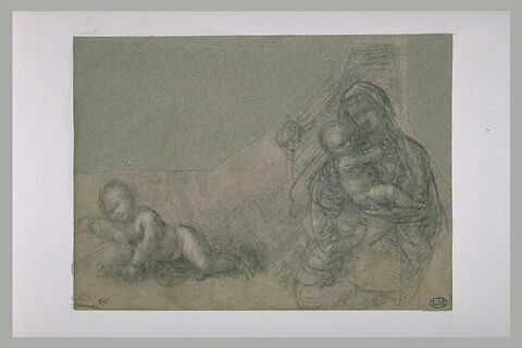 Vierge à l'Enfant et un petit enfant couché à terre à gauche