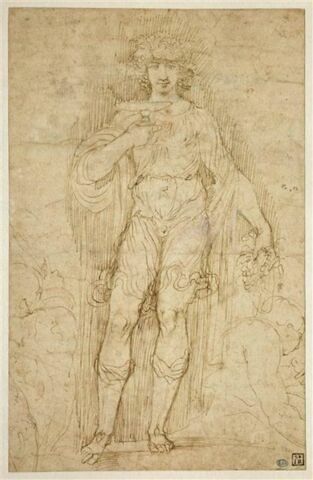 Bacchus, debout, tenant une coupe, entre deux figures assises esquissées