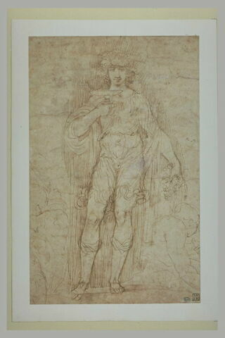 Bacchus, debout, tenant une coupe, entre deux figures assises esquissées, image 2/2