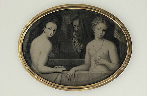 Deux jeunes femmes nues dans une baignoire ; dans le fond Henri IV
