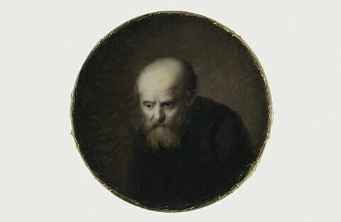 Portrait d'un vieillard à tête chauve, longue barbe et vêtement violet