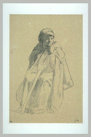 Bergère assise, couverte d'un manteau, un bâton dans la main droite, image 2/2