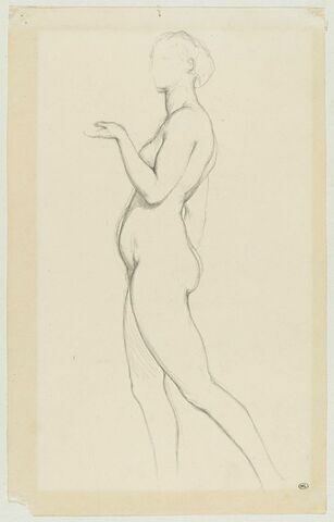 Jeune femme nue, de profil, levant le bras gauche