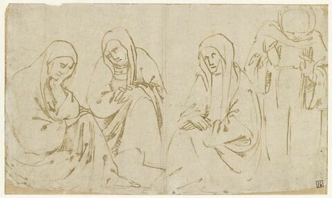 Les Saintes Femmes, assises, se désolant, et un moine, debout
