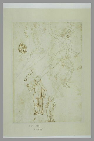 Tête d'homme de profil ; Hercule et deux reprises de sa jambes droite ; quatre études de l'Enfant Jésus, image 2/2